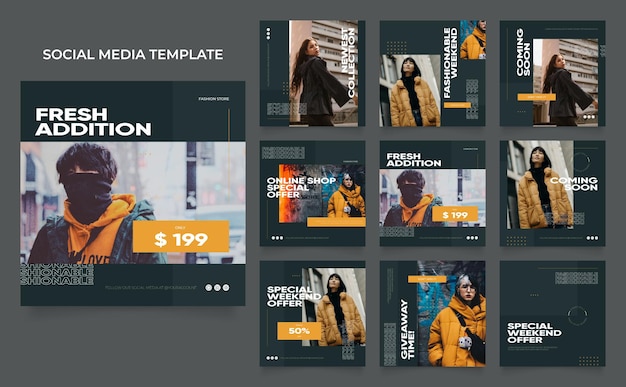 modello di social media banner blog promozione di vendita di moda completamente modificabile instagram e facebook post quadrato cornice puzzle poster di vendita organica fresco blu giallo elemento forma sfondo vettoriale