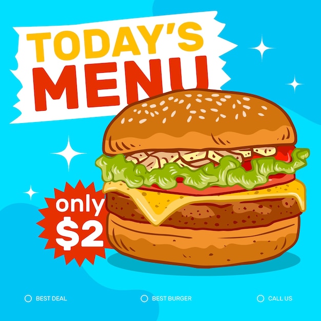 Modello di social media promozionale dell'illustrazione di doodle di hamburger grande disegnato a mano