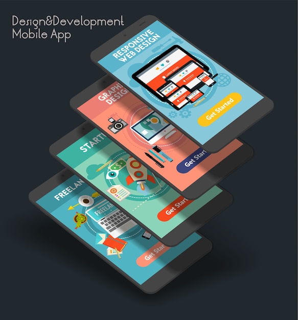 modello di splash screen per app mobile UI reattivo e di sviluppo con illustrazioni alla moda