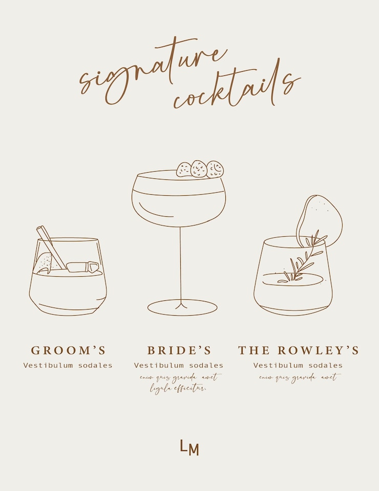 Vettore modello di stile del menu di cocktail a firma in contorno