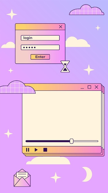 Modello di storie sfumate Ig glamour retrò vettoriale Sfondo vaporwave alla moda per il testo Sfondo vaporwave Ig retrò in stile windows interfaccia computer y2k 00 Design glamour dei social media