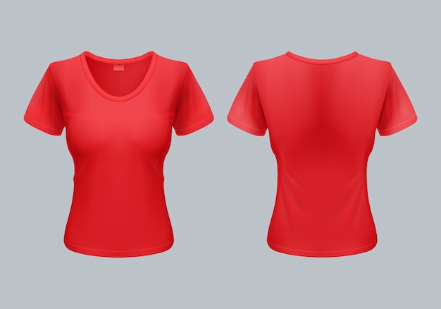 Modello di t-shirt da donna vista frontale e posteriore in rosso