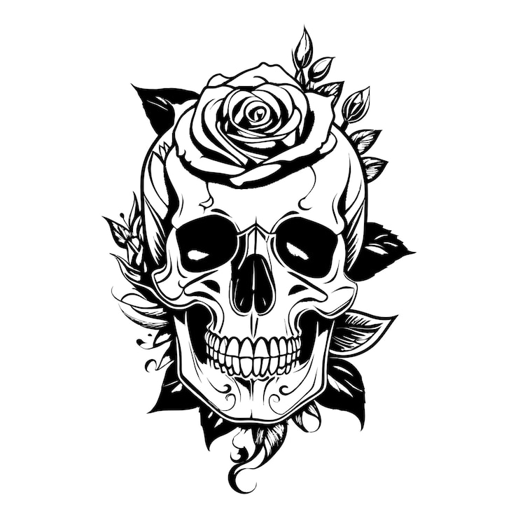 Vettore modello di tatuaggio psychobilly teschio con rosa pin up girl