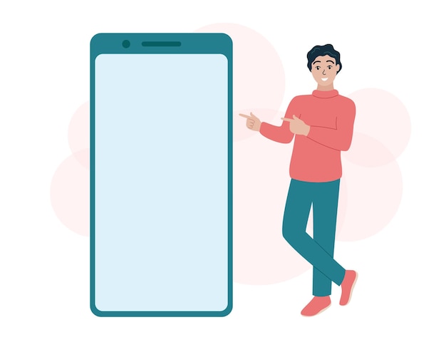 Modello di telefono cellulare Uomo in piedi e che punta al grande schermo vuoto dello smartphone Display del cellulare vuoto con spazio per la copia Illustrazione vettoriale piatta