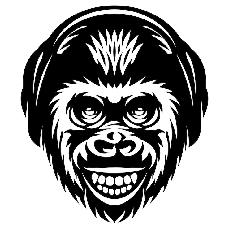 Vettore modello di testa di scimmia con cuffie e sorriso illustrazione monocromatica vettoriale