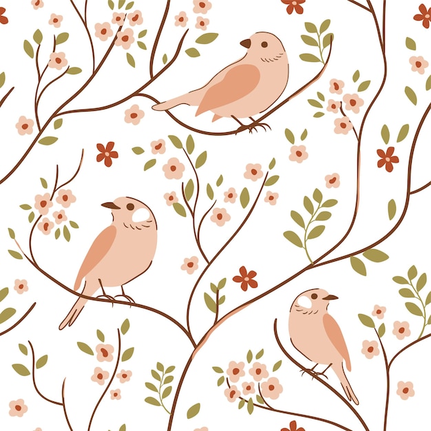 Modello di uccelli primaverili carino passero beige sul ramo di un albero in fiore Sfondo di ripetizione floreale vettoriale