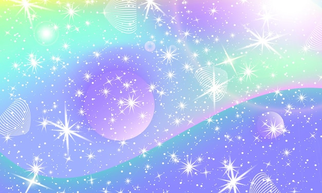 Modello di unicorno. Sirena arcobaleno. Universo di fantasia. Sfondo di fata. Stelle magiche olografiche. Insieme della copertura. Unicorno arcobaleno.