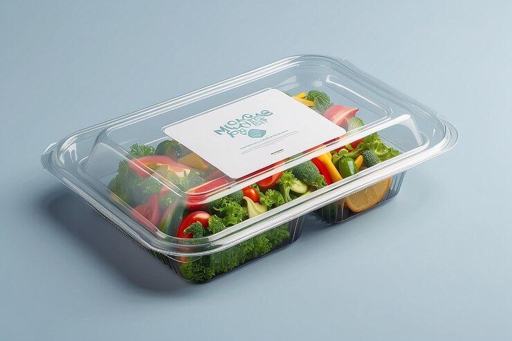 Vettore modello di vassoio di imballaggio alimentare in plastica con copertura in plastica trasparente