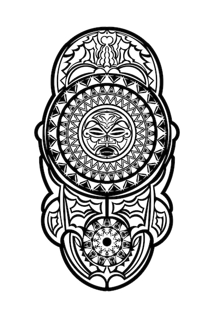 Modello di vettore del tatuaggio del viso Maori polinesiano, disegno tribale hawaiano di uomo o donna. Faccina geometrica hawaiana in bianco e nero - sfondo etnico