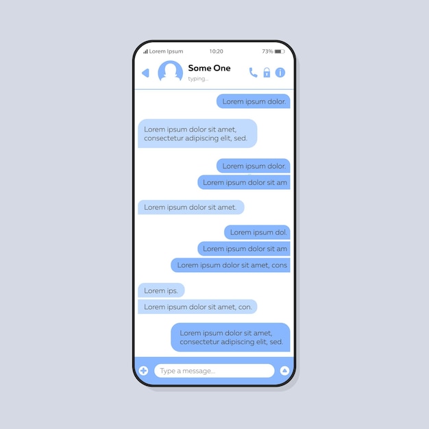 Modello di vettore dell'interfaccia dello smartphone di conversazione in chat. Layout del design del colore della pagina dell'app mobile. Schermata di dialogo in linea. Interfaccia utente piatta per l'applicazione. SMS degli utenti, display del telefono di comunicazione