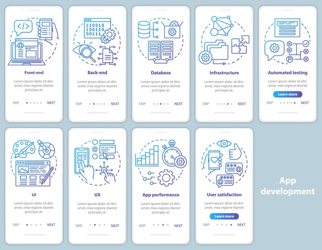 Modello di vettore dello schermo della pagina dell'app mobile onboarding dello sviluppo di applicazioni. Programmazione software. Procedura dettagliata del sito Web con illustrazioni lineari. UX, UI, concetto di interfaccia per smartphone GUI