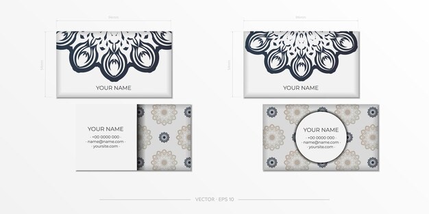 Modello di vettore per la progettazione di stampa di biglietti da visita Colore bianco con ornamento vintage nero. Preparazione di biglietti da visita con motivi greci.