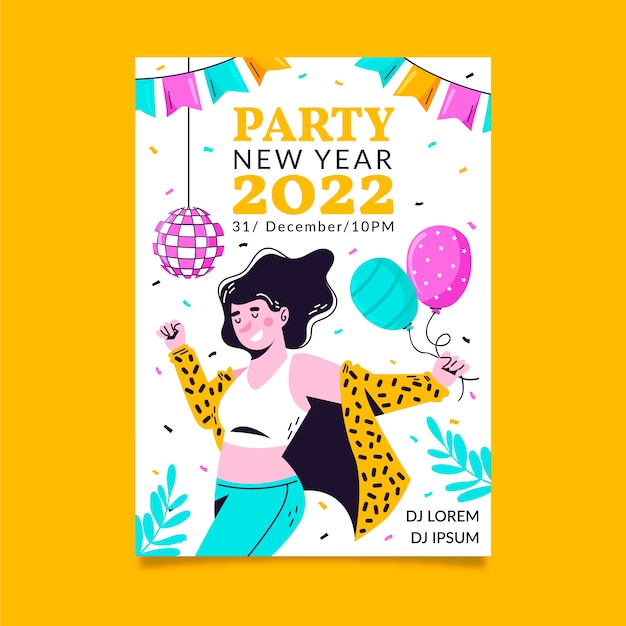 Modello di volantino festa di capodanno piatto disegnato a mano