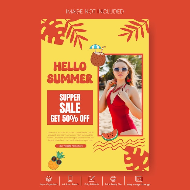 Modello di volantino o poster a stampa verticale per la vendita estiva con sfondo vettoriale estivo tropicale