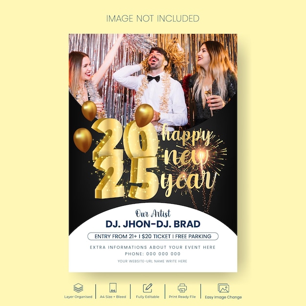Modello di volantino o poster per la festa della celebrazione del nuovo anno 2025