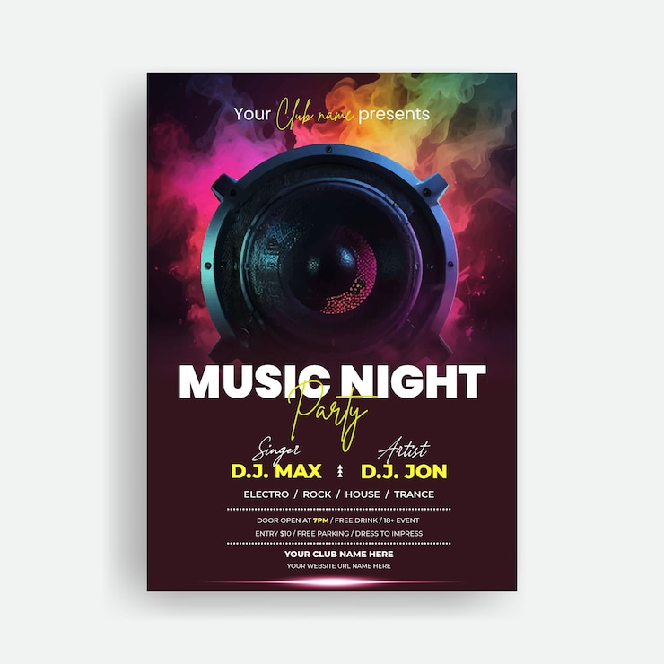 Vettore modello di volantino o poster stampato per feste musicali con sfondo subwoofer per altoparlanti musicali