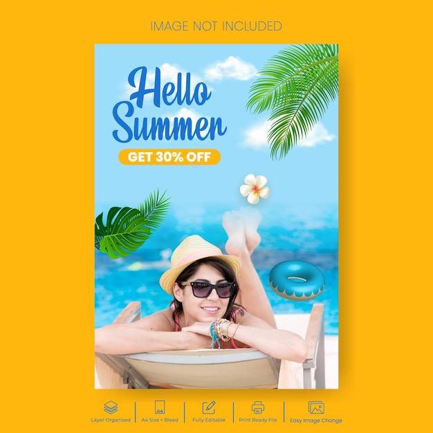 Modello di volantino o poster stampato per la festa estiva in spiaggia con sfondo estivo tropicale
