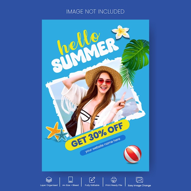 Modello di volantino o poster stampato per la festa estiva in spiaggia con sfondo estivo tropicale