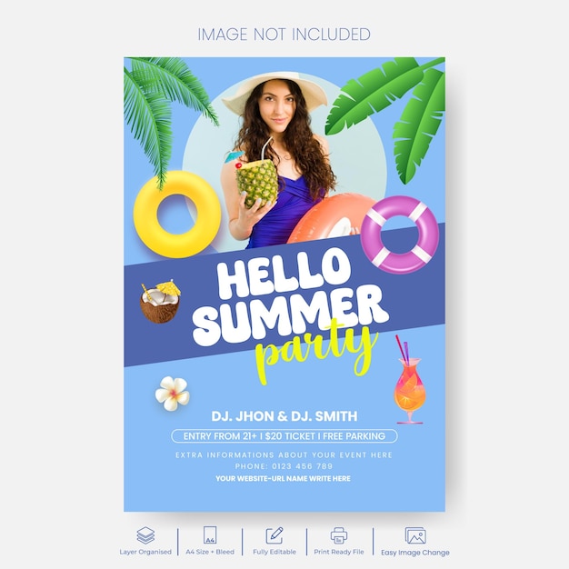 Modello di volantino o poster stampato per la festa estiva in spiaggia con sfondo estivo tropicale