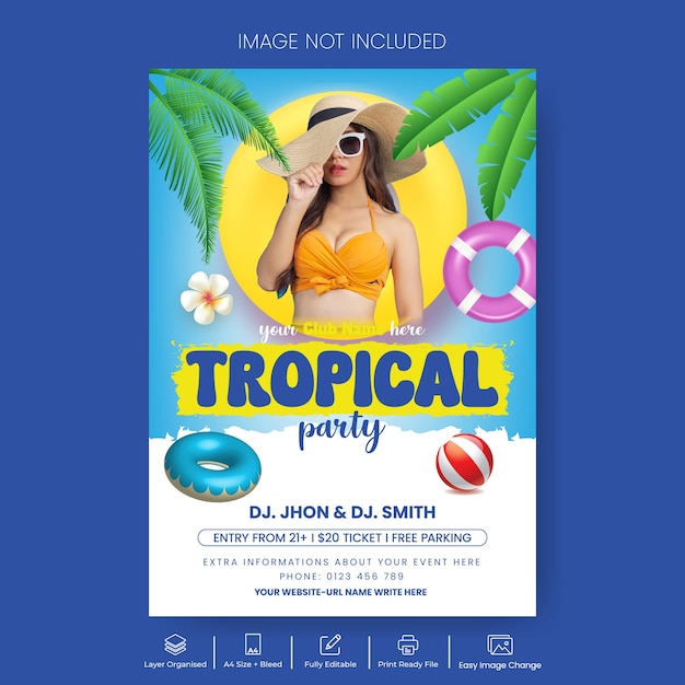 Modello di volantino o poster stampato per la festa estiva in spiaggia con sfondo estivo tropicale