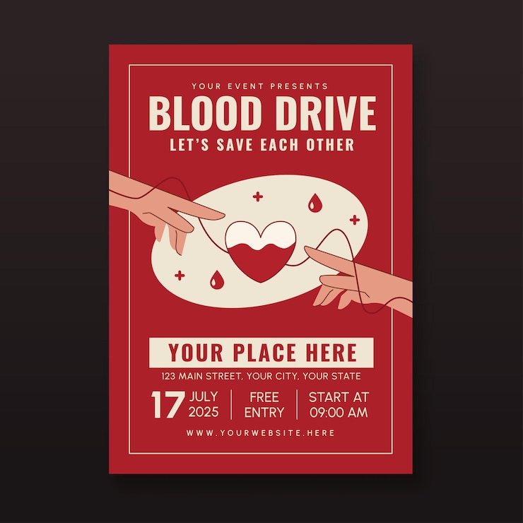 Vettore modello di volantino per la donazione di sangue con illustrazione di mani e cuore