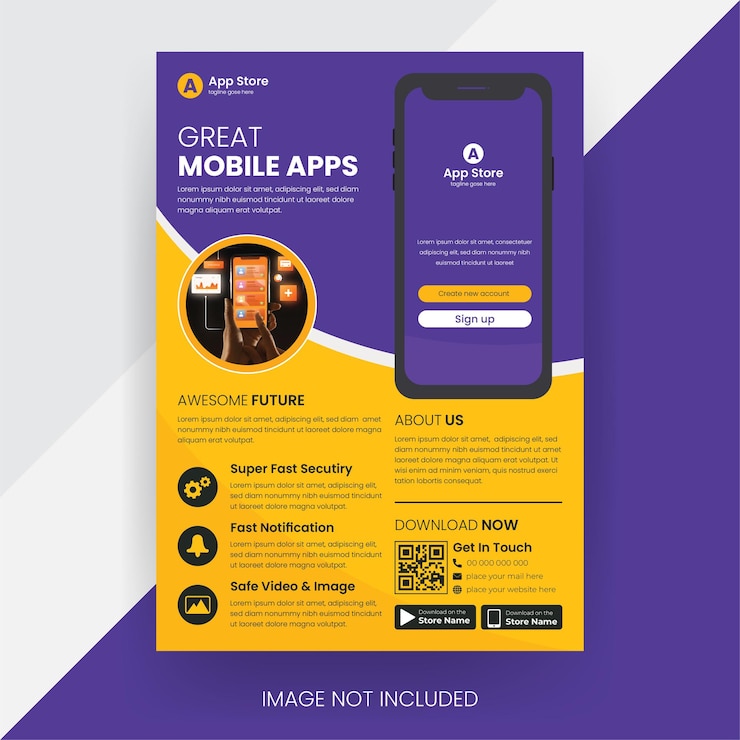 Vettore modello di volantino per la promozione di applicazioni mobili