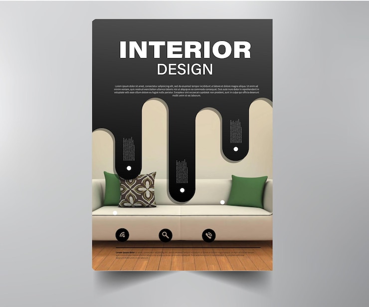 Vettore modello di volantino per opuscolo di interior design nero