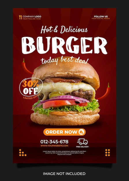 Modello di volantino per ristorante con menu di cibo per hamburger caldo e delizioso e modello di poster per banner per social media