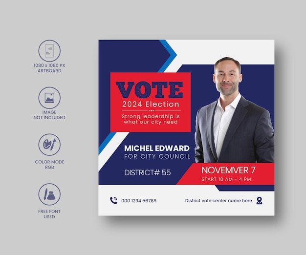 Modello di volantino quadrato post social media voto amp voto politico