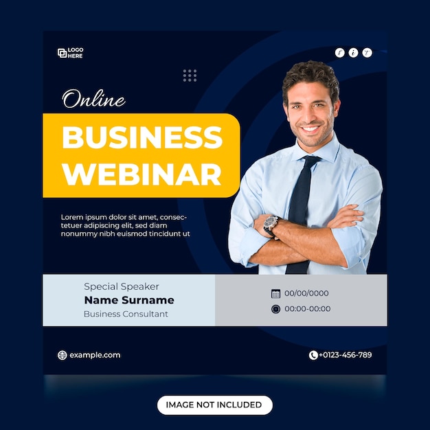 Modello di webinar aziendale online, post sui social media, progettazione del modello di presentazione aziendale online