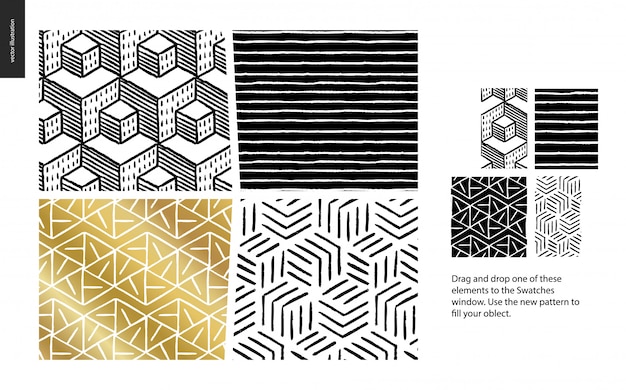 Modello disegnato a mano in nero, oro e bianco con linee geometriche, punti e forme