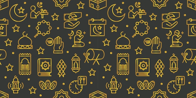 Modello dorato senza cuciture elementi Ramadan Kareem Illustrazione vettoriale disegnata a mano