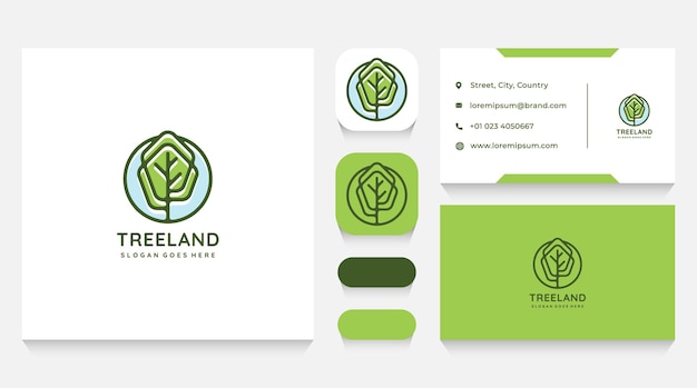 Modello e biglietto da visita del logo del paesaggio dell'albero verde