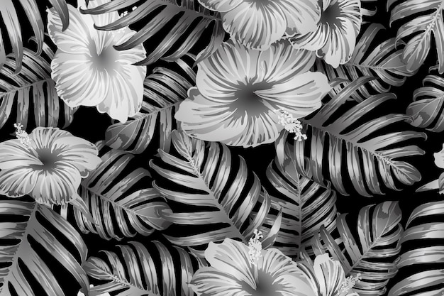 Modello esotico bianco nero. Bouquet tropicale di fiori di monstera e ibisco. Stampa di costumi da bagno floreale di grandi dimensioni saturata. Design con texture naturale orizzontale californiana. Bellissimo design botanico primaverile.