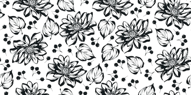 Modello florale senza cuciture con teste di fiori neri foglie e bacche silhouette grunge moderne e
