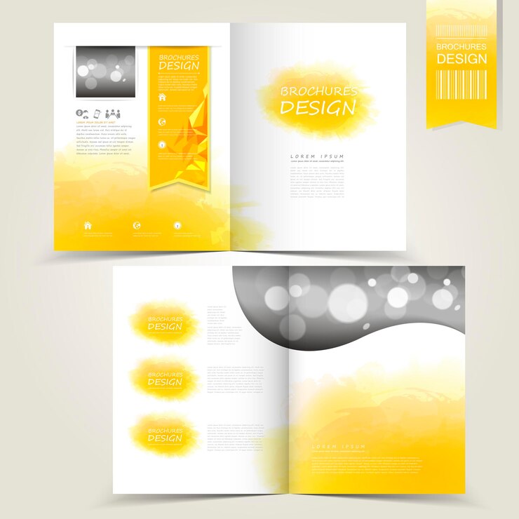 Vettore modello giallo per brochure pubblicitaria con schizzi di acquerello giallo