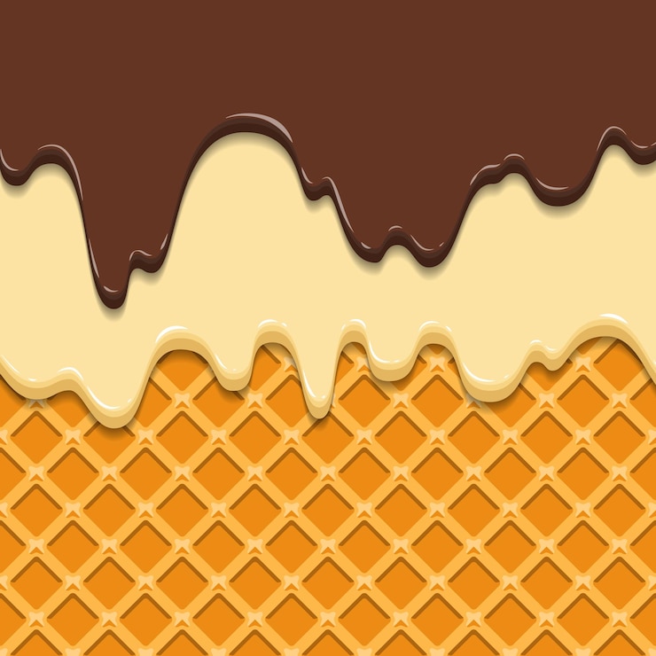 Vettore modello. glassa e cioccolato correnti su fondo di struttura della cialda, cono di cialda con gelato.