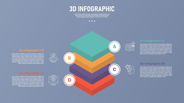 Modello infografico a 3 punti o passaggi con forma in stile isometrico 3D con pila di strati quadrati al centro per la presentazione di diapositive