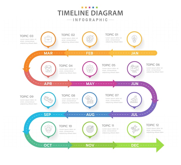 Modello infografico per il business 12 mesi di calendario moderno con diagramma temporale con frecce