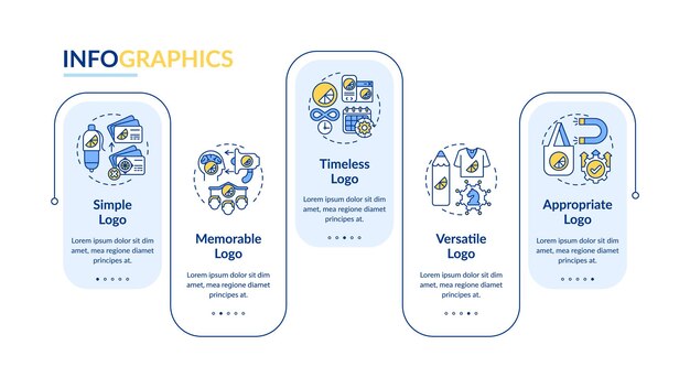 Modello infographic di vettore di progettazione di logo efficace. Elementi di design del contorno di presentazione del logo semplice. Visualizzazione dei dati con 5 passaggi. Grafico delle informazioni sulla sequenza temporale del processo. Layout del flusso di lavoro con icone di linea
