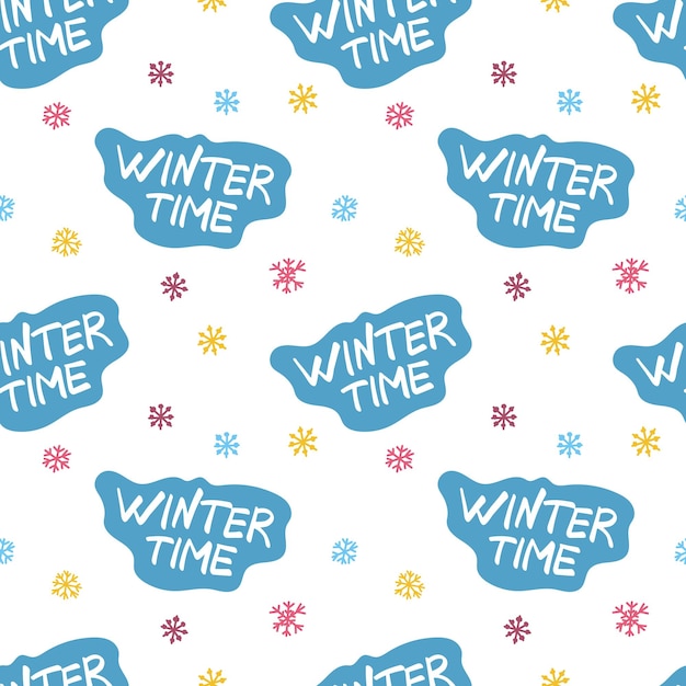 Modello invernale con la scritta orario invernale e fiocchi di neve colorati su sfondo bianco
