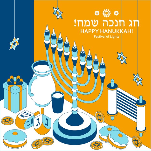 Modello isometrico di Hanukkah con Torah, menorah e dreidels. Traduzione Happy Hanukkah
