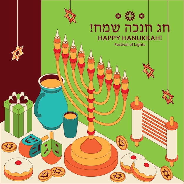 Modello isometrico di Hanukkah con Torah, menorah e dreidels.