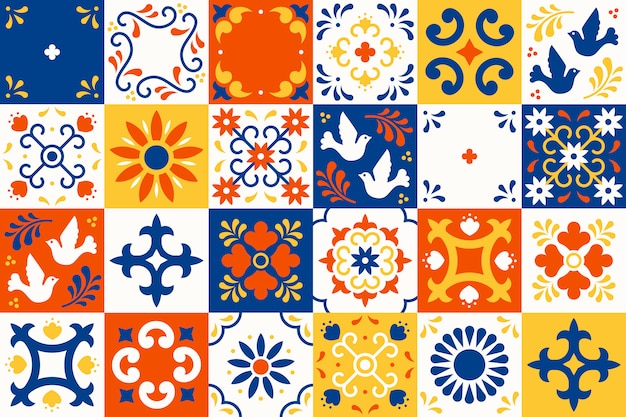 Modello messicano talavera. Piastrelle in ceramica con fiori, foglie e ornamenti di uccelli in tradizionale stile maiolica di Puebla. Mosaico floreale Messico in classico blu e bianco. Design di arte popolare.