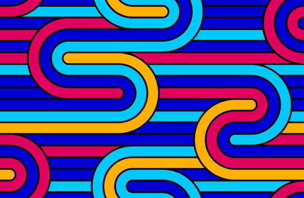 Modello minimalista geometrico vettoriale lineare senza soluzione di continuità, linee astratte che piastrellano lo sfondo, tessitura a righe, labirinto ottico, strisce intrecciate. Design colorato.