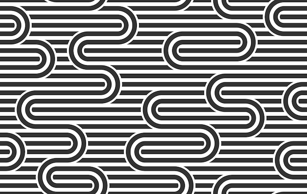 Modello minimalista geometrico vettoriale lineare senza soluzione di continuità, linee astratte che piastrellano lo sfondo, tessitura a righe, labirinto ottico, strisce intrecciate. Disegno in bianco e nero.