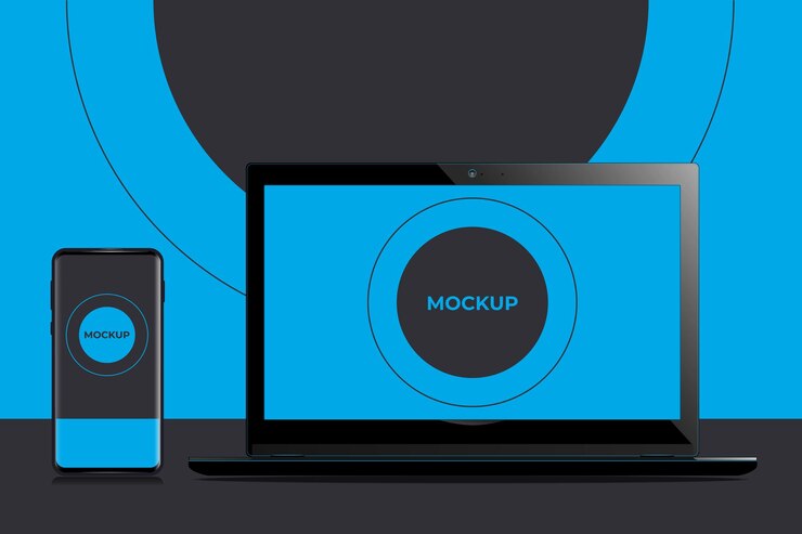 Vettore modello mockup per laptop e smartphone sfondo blu scuro