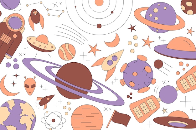 Modello moderno di pianeta, stella, cometa, con diversi razzi. Disegni al tratto dell'universo. Cosmo. Segni spaziali alla moda, costellazione, luna. stile scarabocchio, icona, schizzo. su sfondo scuro.