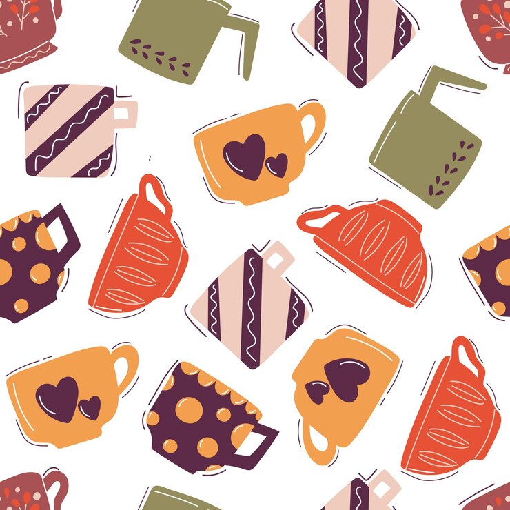 Modello moderno senza cuciture di tazze piatte disegnate a mano Illustrazione piatta per il confezionamento di menu di design di stampa