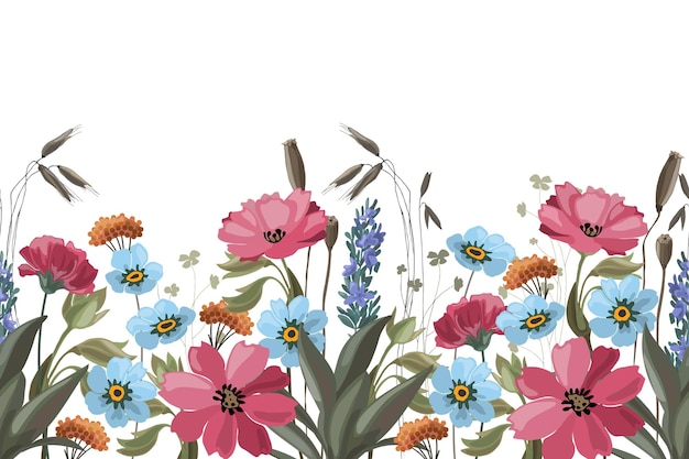Modello orizzontale senza cuciture floreale con fiori di prato Fiori foglie erbe cereali